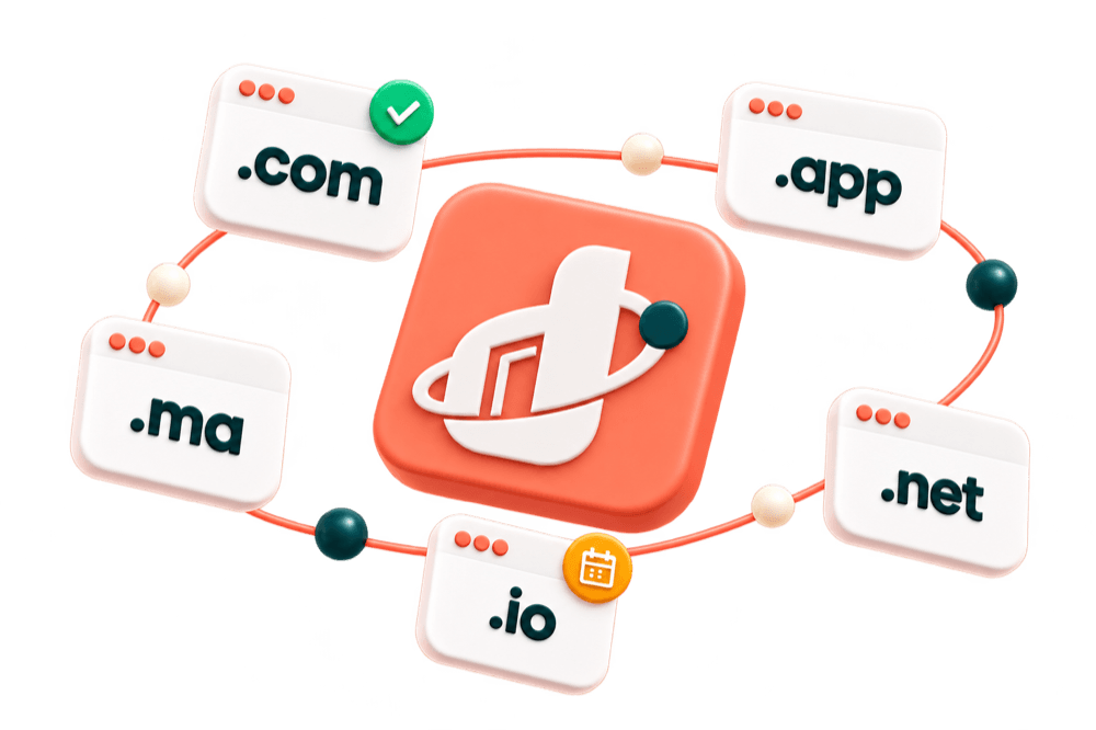 The Domainfolio mark at the center of an orbit of domain cards: .com, .app, .net, .io and .ma.