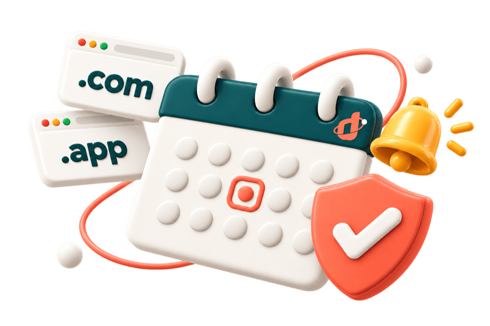 A calendar with a highlighted renewal date, a notification bell and a shield with a check mark, next to .com and .app browser cards.